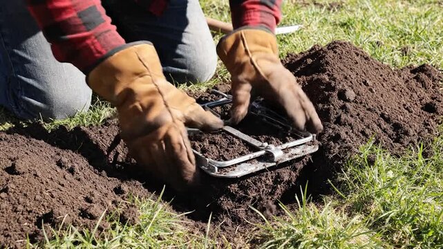 A person wearing gloves and a plaid shirt is setting a trap in the dirt for pest control purposes