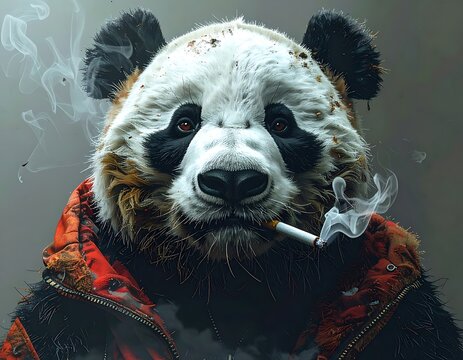 A close-up illustration depicts a panda wearing a red hoodie and smoking a cigarette, with dark eyes and wisps of smoke
