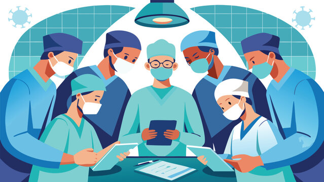 Team of surgeons and medical staff in a hospital operating room discussing a procedure and reviewing notes