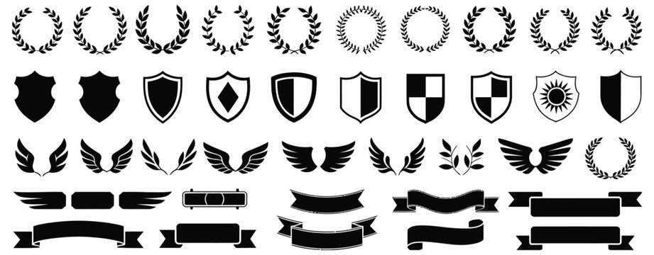 Laurel Wreath, Shield, Wing, Ribbon and Banner Vector Set, Heraldry Elements Collection for Awards, Logos, Badges and Branding Designs, Classic Decorative Emblems Illustration Pack