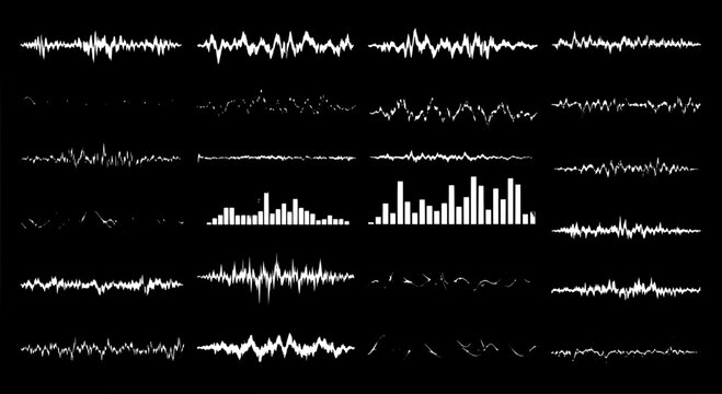 Sound wave vector set with diverse digital audio visualizations and bar graphs... featuring equalizer, music visualization, signal with graph and
