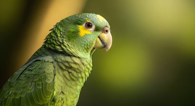Close up portrait of a vibrant yellow crowned amazon parrot in a natural setting