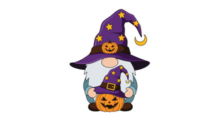 Naklejka premium Festive halloween gnome wearing a purple wizard hat with yellow stars holding two bright orange carved pumpkins.