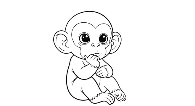 Cute little monkey sitting in a thinking pose with hand on chin in this black and white line art coloring book page.