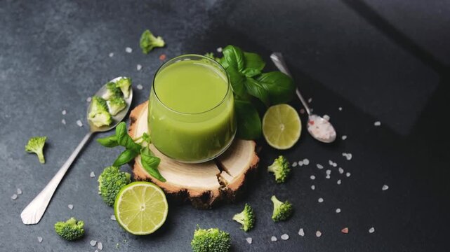 Green juice with broccoli lime and basil on dark stone surface with salt and spoon 91 symbols