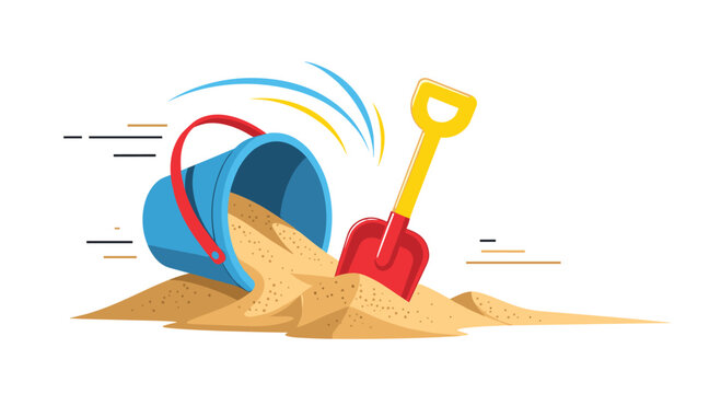 Tipped over blue bucket with sand and a red shovel on the beach symbolizing summer fun and outdoor play for kids.