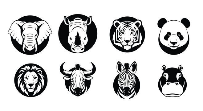 Collection of eight black and white circular animal head icons including elephant rhino tiger panda lion and zebra.