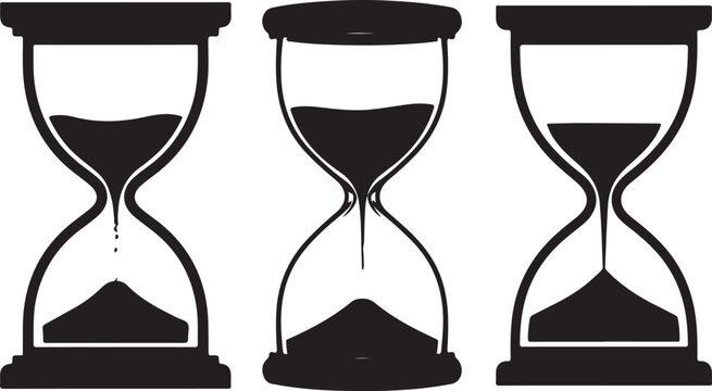 Three black hourglasses with flowing sand against white background in sequential stages