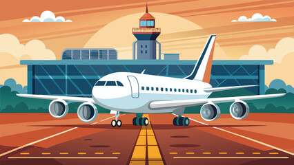 Fototapeta premium Aircraft is parked at an airport near a control tower during sunset with clouds in the background