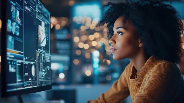 Digital Craftswoman: A focused young woman, her dark curly hair framing a determined face, works diligently at her computer, navigating complex software on a sleek, modern screen. The dim.