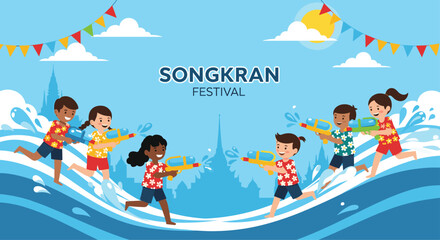 Fototapeta premium Diverse group of happy children running and playing with water guns during a celebratory songkran festival with water splashes and temples.