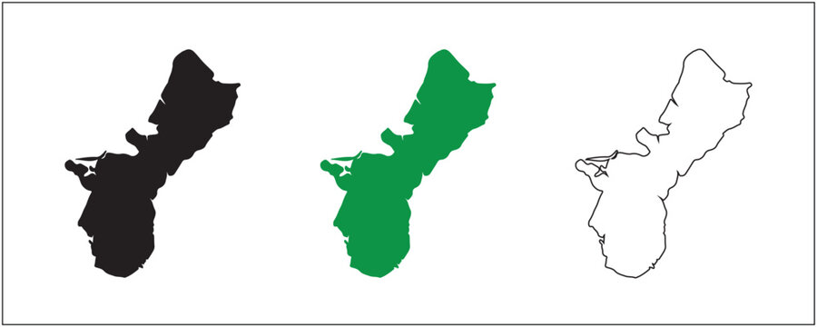Guam Map Silhouette Solid Black Outline and Satellite Style Vector Isolated on White Background