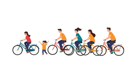 Naklejka premium Happy family with parents and children riding bicycles together in a line as a healthy and fun outdoor recreational activity for all.