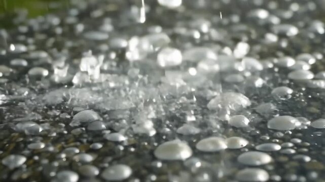 Water droplets fall onto a textured surface, creating ripples and splashes, showcasing the dynamic interaction of liquid on a solid surface in a natural outdoor setting