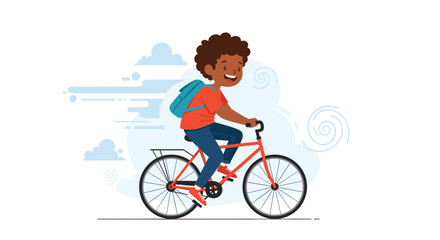 Fototapeta premium Happy young student with a blue backpack riding a red bicycle to school on a windy day against a sky background with clouds and swirls.