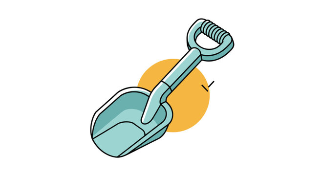 Simple blue plastic toy shovel icon with a yellow circle background used for gardening or playing in the sand at the beach during summer.