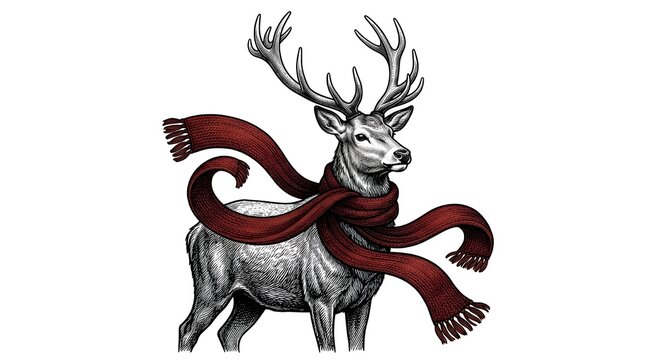Vintage hand drawn etching illustration of a deer standing full body with long antlers, wearing a flowing red knitted winter scarf