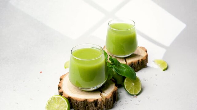 Green healthy drink in glasses with lime and basil on wooden stands with salt