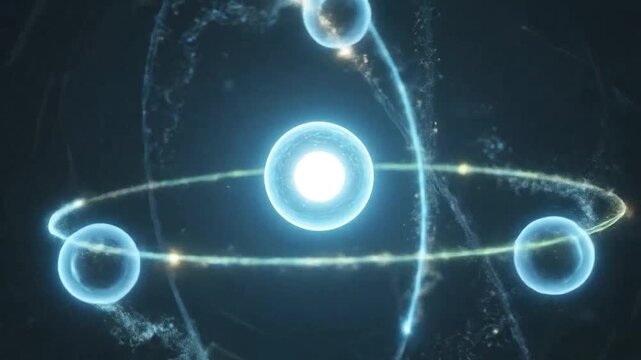Abstract representation of an atom with orbiting electrons and glowing particles