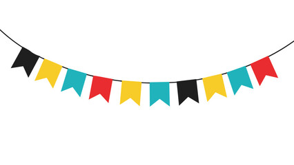 Obraz premium Colorful bunting flags hanging on a thin line with black, yellow, red, and blue pennants for celebration and party decoration theme design.
