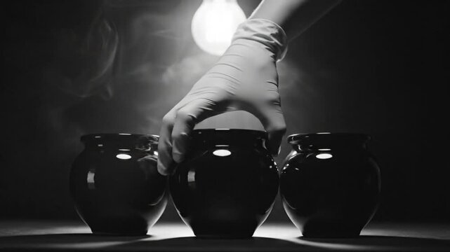Mysterious Hand Revealing the Contents of Three Black Ceramic Pots Under Dramatic Lighting