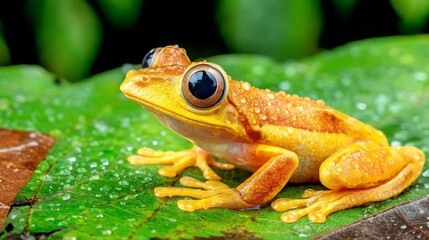 Fototapeta premium Bright Orange Frog Clinging to Wet Leaf in Lush Natural Environment