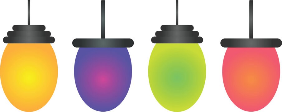 Four brightly colored light bulbs dangle vertically, illuminating the scene with warm and cool gradients