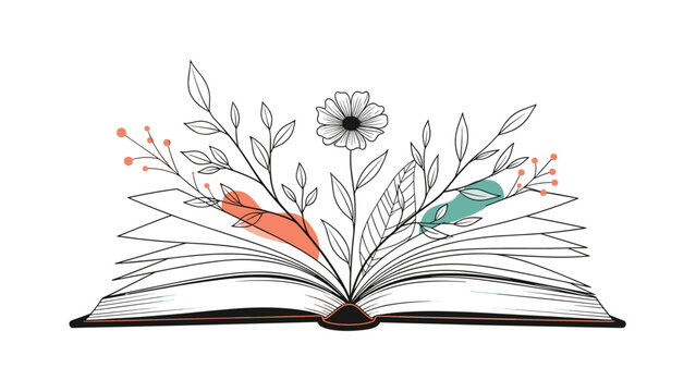 Open book with delicate flowers and leaves growing out of it overlaid with soft pastel shapes for literary and education design themes art.