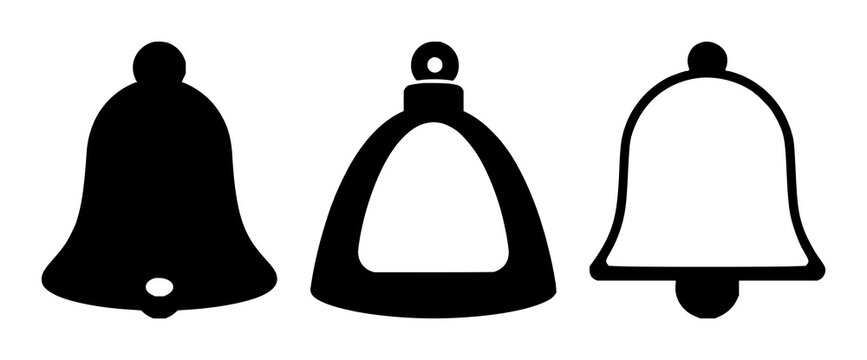Notification bell icon set with solid black color and white background featuring alerts, reminders, attention with signals and announcements