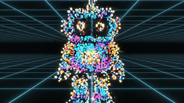 Pixel art robot character digital grid background technology concept