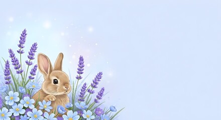 Fototapeta premium Cute Brown Easter Bunny in Lavender and Blue Flower Field