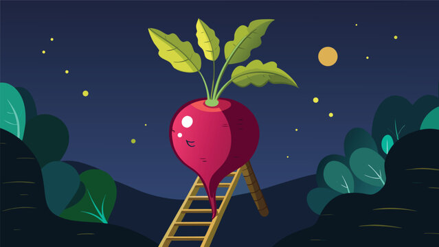 Red beet on a ladder in a night garden with green leaves under the stars