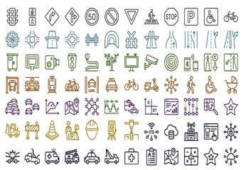 Comprehensive set of flat-line transportation and traffic icons, including signs, vehicles, infrastructure, and mobility symbols. Suitable for UI design, apps, presentations, and smart city projects. © RiaAugust