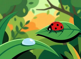 Fototapeta premium Generated AI: Enchanting Ladybug on a Vibrant Leaf with a Glistening Dewdrop in a Lush Forest.
