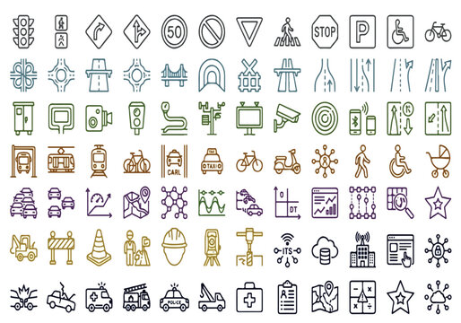 Comprehensive set of flat-line transportation and traffic icons, including signs, vehicles, infrastructure, and mobility symbols. Suitable for UI design, apps, presentations, and smart city projects.