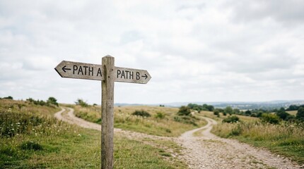Fototapeta premium Fork in the road signpost showing paths A and B in a scenic rural landscape