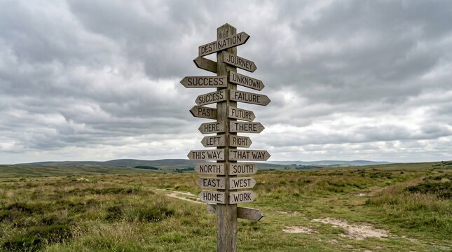 Directional signpost with many choices for life, success, and destination