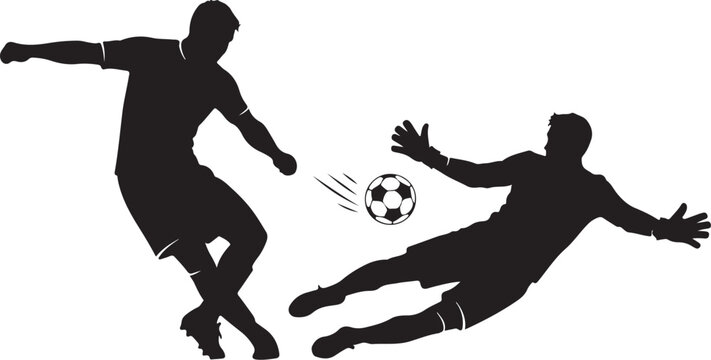 Soccer player kicking ball, goalkeeper diving block, football silhouette, sports vector icons