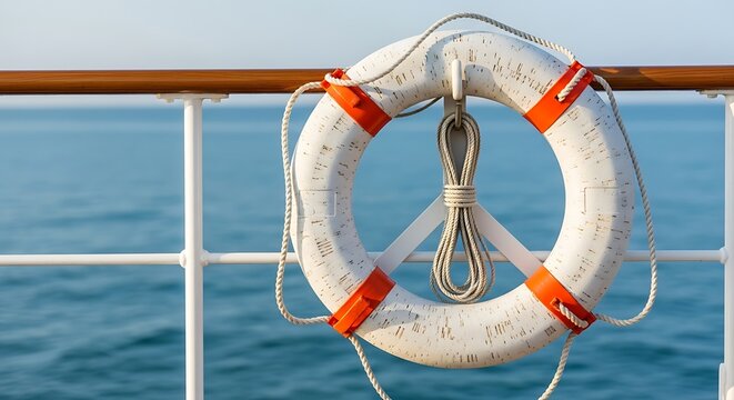 White lifebuoy hanging on a ship railing with the vast blue ocean in the background, symbolizing essential safety for maritime travel and adventurous voyages