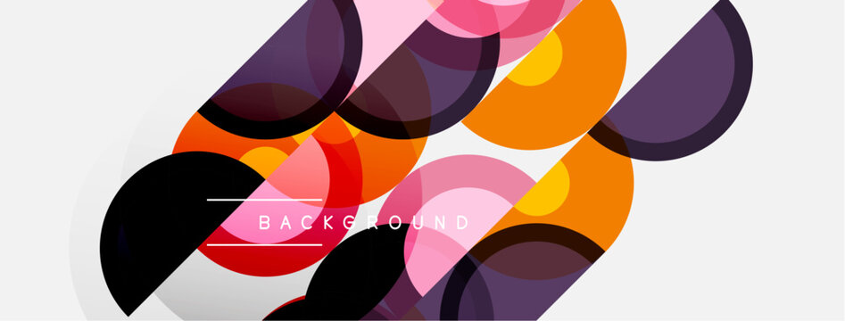 Abstract geometric shapes overlap, creating vibrant colorful background. Circles, semicircles dominate composition. Modern design element.