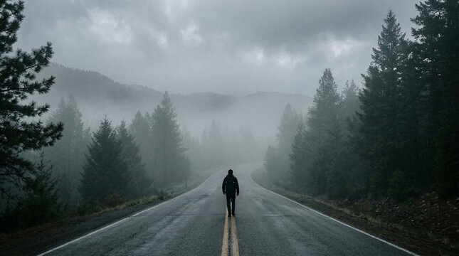 Lone figure walks down misty, tree-lined road in overcast, moody landscape