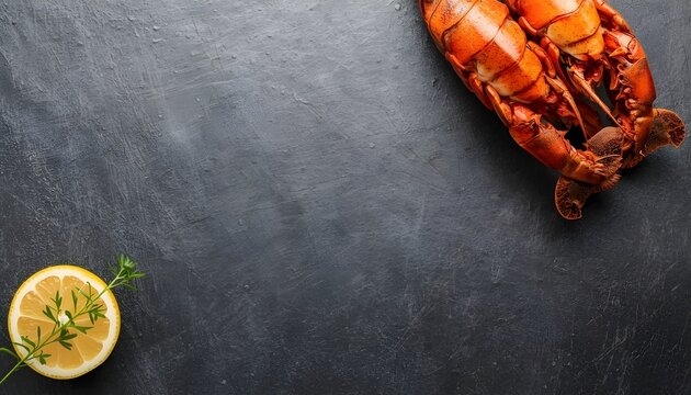 A delicious lobster and lemon on a dark slate surface