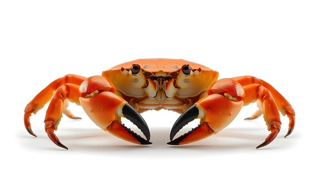 A vibrant orange crab with large claws is standing on a white background