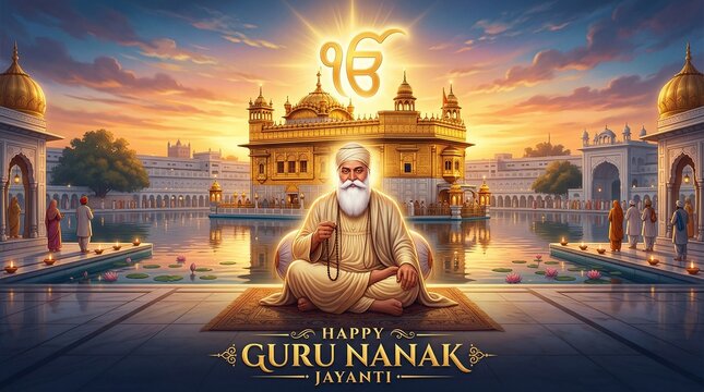 Guru Nanak Dev Ji meditating at Golden Temple, Amritsar, India - Guru Nanak Jayanti celebration