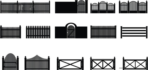 Set of wooden fence and garden gate silhouette icons featuring various timber designs, picket styles, farm gates, and rural backyard property boundary elements. © Mst