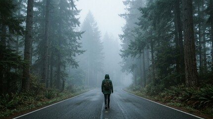 Fototapeta premium Lone person walking on wet forest road in fog, atmospheric, mysterious, adventure