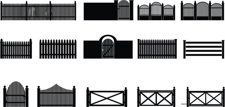 Set of wooden fence and garden gate silhouette icons featuring various timber designs, picket styles, farm gates, and rural backyard property boundary elements.