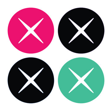 Iconos de cruz minimalista en c&iacute;rculos de colores, botones de cierre y cancelaci&oacute;n, conjunto de 4 elementos vectoriales para interfaz