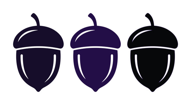Bellotas de roble en estilo plano, conjunto de 3 iconos de semillas de oto&ntilde;o, ilustraci&oacute;n vectorial de frutos secos para dise&ntilde;o de logotipos