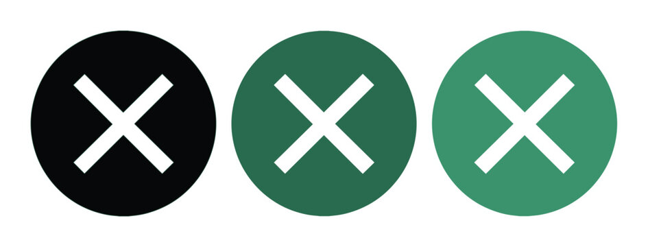 Iconos de cruz blanca en c&iacute;rculos negros y verdes, conjunto de 3 botones de cierre o eliminaci&oacute;n, s&iacute;mbolos vectoriales de error y cancelaci&oacute;n